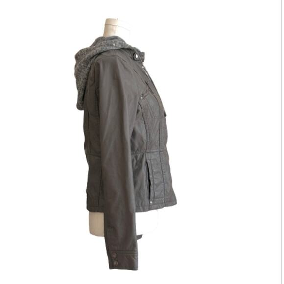 Jou Jou Gray Faux Leather Detachable Hood Fitted Pockets Moto Jacket Coat Medium - Picture 7 of 14